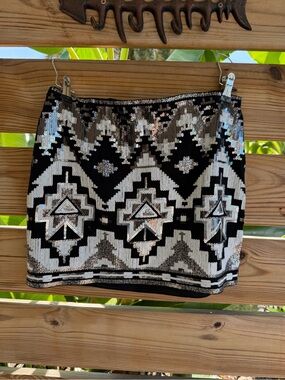 Express Black & Silver Sequin Aztec Mini Skirt